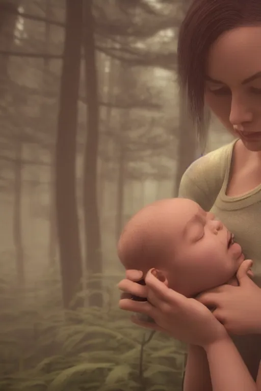 Image similar to a cinematic shot of a young woman with dark hair holds a baby in a dark, foggy forest, octane render, nvidia raytracing demo, closeup, masterpiece