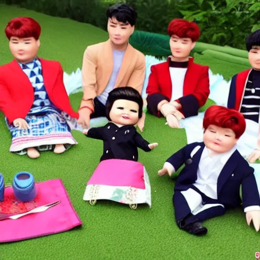 Image similar to screaming kim jong un doll having a lovely picnic with bts boy band dolls