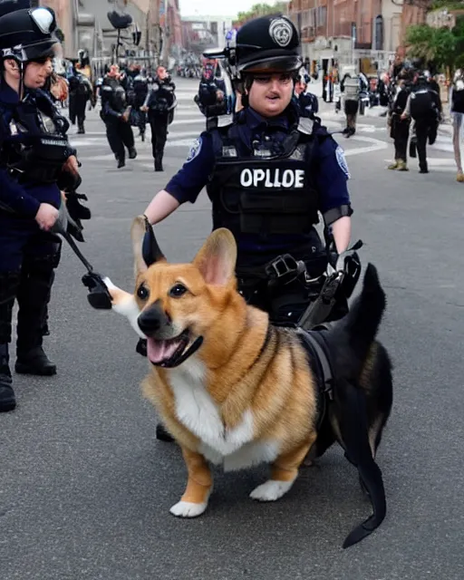 Image similar to a corgi police dogs wearing tactical k 9 gear, crowd control. riots