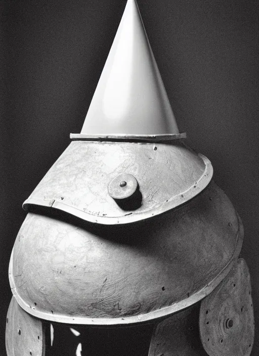 Image similar to realistic photo of a a scientist ritual monk medieval cone hat helmet made of wood, with plastic details detailed, covered in tesla electricity lasers aura, greyscale 1 9 9 0, life magazine photo, natural colors,