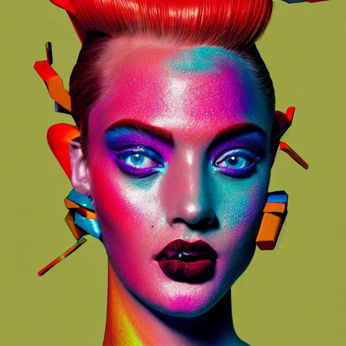 Prompt: portrait of a fashion model exuberant surreal style, colorful, dynamic pose, beautiful realistic face, octane render, vray, detailed, wide angle, halftoned, editorial photography, matte print, grainy light, ( ( dither ) ), risograph, high contrast, screen print, rich grainy texture