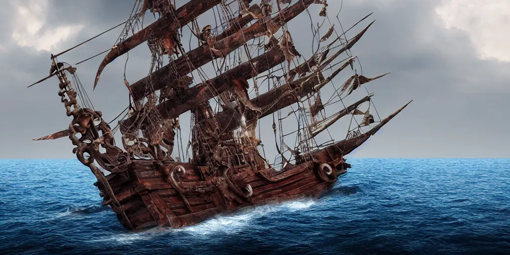 Image similar to pirate ship sailing on rough seas, giant squid 🦑 attacking pirate ship, photorealistic illustration, high quality render, 8 k resolution