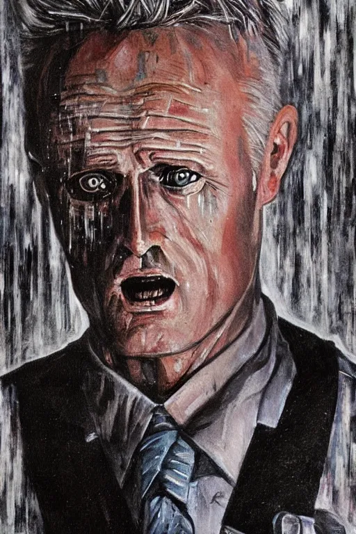 Image similar to a somber painting of the replicant roy batty that asks the viewer to question the very purpose of life when all memories will be lost in time like tears in the rain, in the style of blade runner, ridley scott