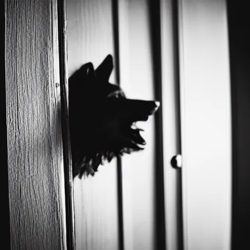 Prompt: photograph of a werewolf in the door frame of a bedroom, black and white, creepy, blurry