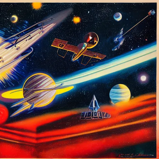 Prompt: rough texture, tempera, starburst background, astronauts and space colonies, utopian, by david a. hardy, wpa, public works mural, socialist, propaganda