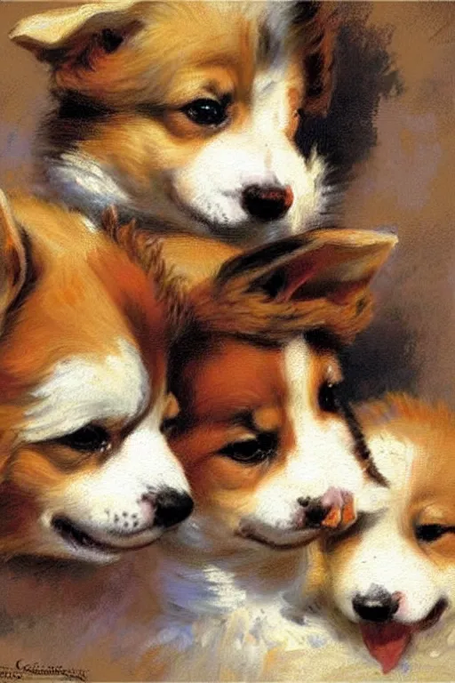 Image similar to adorable corgi puppies, painting by gaston bussiere, craig mullins