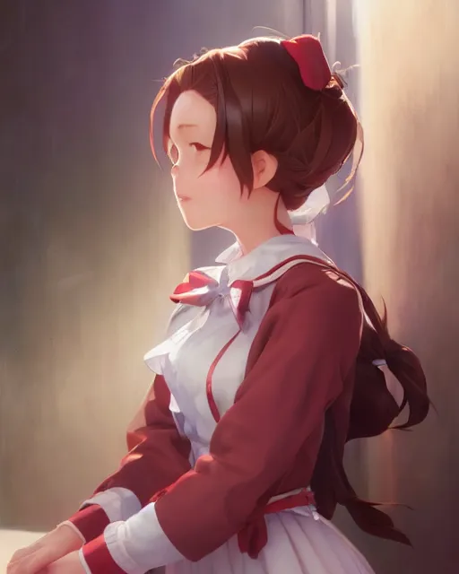 Prompt: young girl in maid uniform by Stanley Artgerm Lau, WLOP, Rossdraws, James Jean, Andrei Riabovitchev, Marc Simonetti, and kyoani, krenz cushart, pixiv