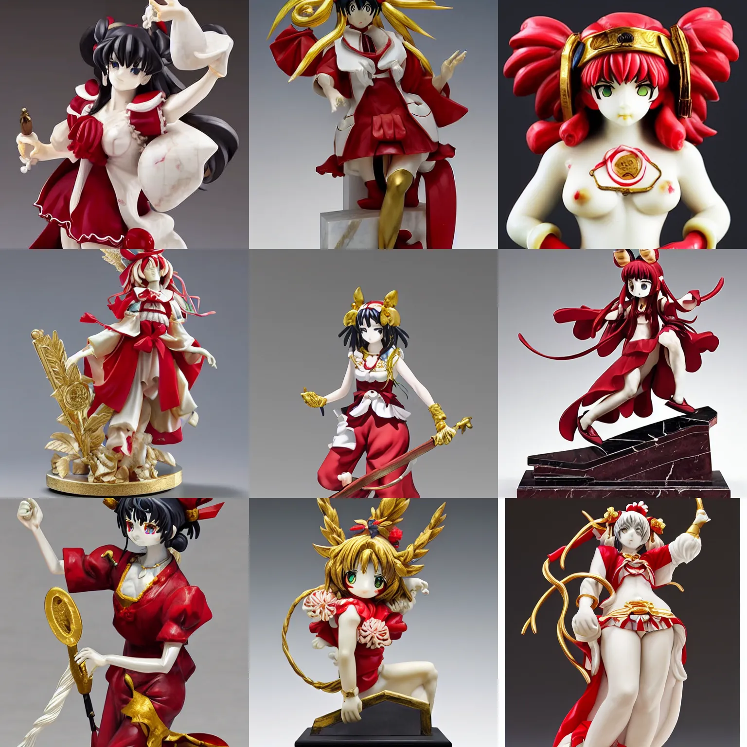 Prompt: a sculpture of reimu hakurei, marble, gold, masterpiece, anatomically correct, intricate detail