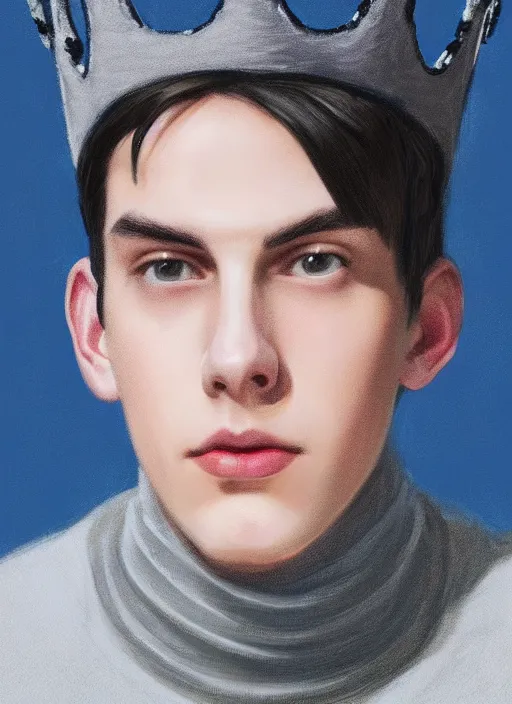 Image similar to portrait of teenage jughead jones wearing a light grey crown, crown, blue turtleneck, 1 9 5 0 s, closed eyes, photorealistic, black hair, glowing lighting, intricate, elegant, glowing lights, highly detailed, digital painting, artstation, concept art, smooth, sharp focus, illustration, art by wlop, mars ravelo and greg rutkowski