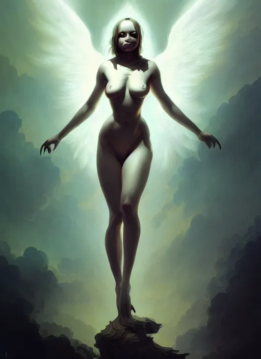 Image similar to christina ricci as an angel, backround dark, highly detailed, digital illustration, trending in artstation, modern painting, smooth, sharp focus, intricate, by peter mohrbacher