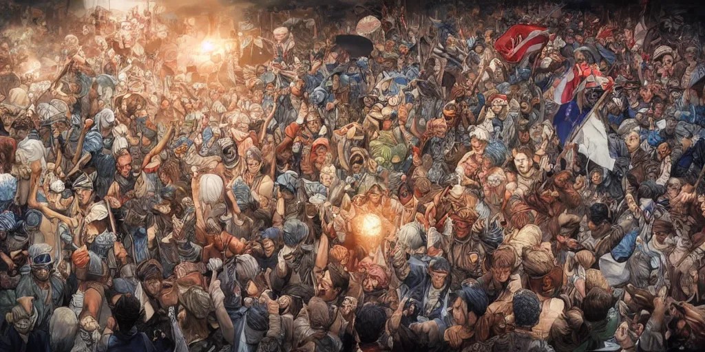 Image similar to i am happy to join with you today in what will go down in history as the greatest demonstration for freedom in the history of our nation. ultrafine detailed colored hyperrealistic illustration by kim jung gi, james jean, intricate linework, sharp focus, octopath traveler, final fantasy, unreal engine highly rendered, global illumination, radiant light, intricate environment