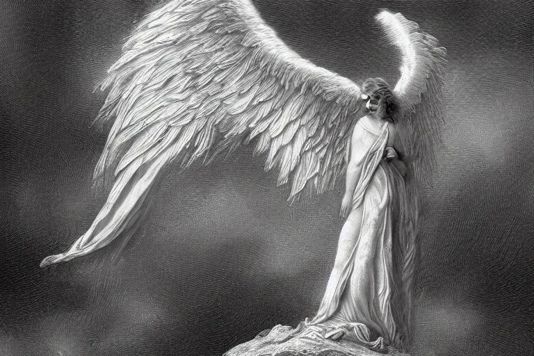 Prompt: a white angel with feathered wings open, digital art in the style of gustave dore, 4k