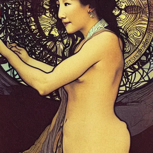 Image similar to sandra oh portrait by louis - theophile hingre and alphonse mucha, realistic, sharp focus, zodiac signs, tarot cards, planets, ethereal, art nouveau, magic, moon, sun, crown, dreamy, royal, jewellery