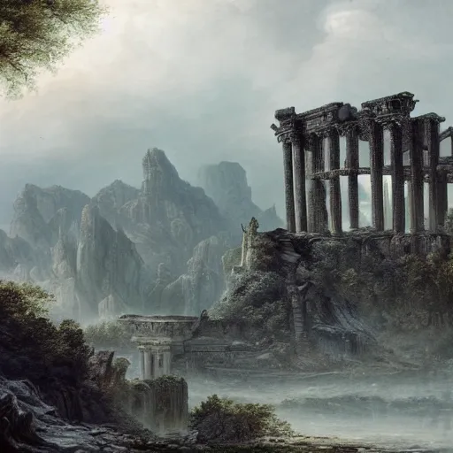 Image similar to intricate matte painting, dramatic landscape, ruins