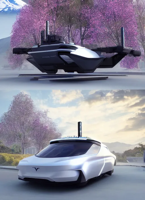 Image similar to a futuristic crystal - solarpunk tesla cyber truck vehicle hover craft in the future of 2 0 8 9 futuristic version, cyberpunk look. digital art. trending on artstation. cyberpunk look hovering by mount fuji early in the morning with a few blossom trees around, high quality photo