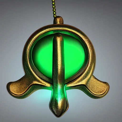 Image similar to shiny metallic amulet with a glowing emerald, highly detailed, concept art, beautiful, octane render, realistic, unreal engine, sharp focus