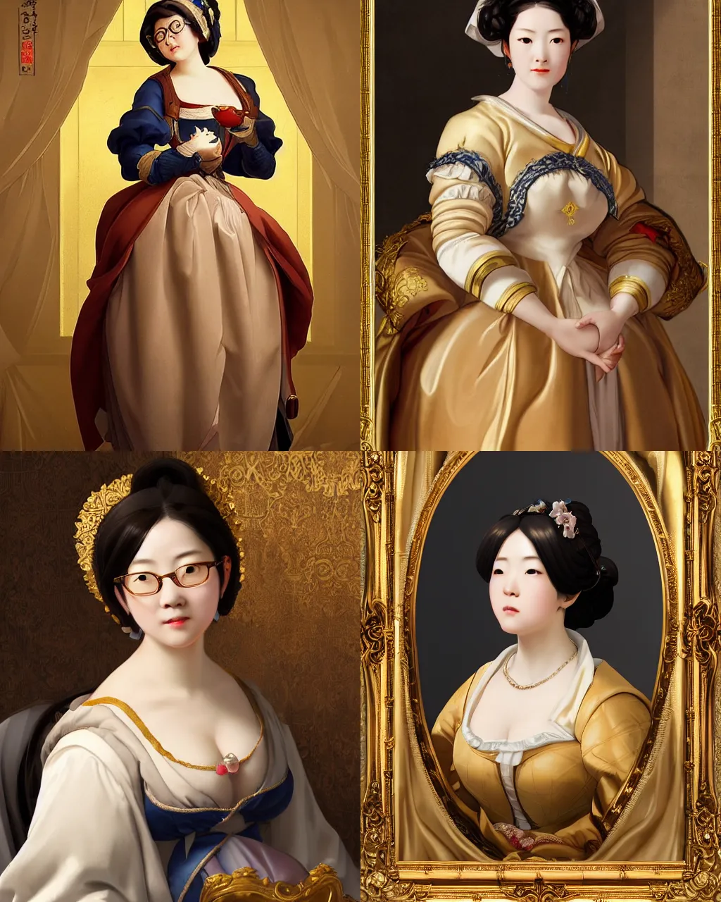 Prompt: detailed baroque painting of mei from overwatch as an elegant noblewoman, beautiful soft silky dress, style of giotto and jc leyendecker, intricate, soft lighting, photorealistic, mood light, golden hour, glasses |