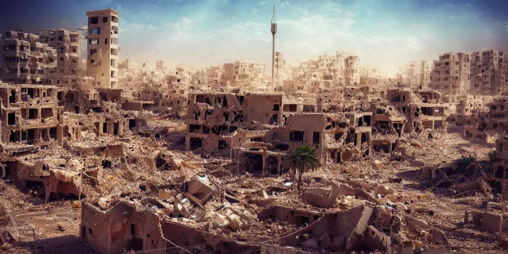 Prompt: “epic view of Hummus in Syria in destruction, ruins, hyperdetailed, trending on artstation, photorealistic, 8k, concept art, cinematographic, uhd, epic lighting”