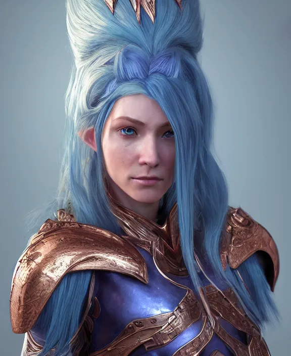 Image similar to a beautiful and highly detailed digital portrait of a dignified female elven paladin with blue hair in rose gold armor by clint cearley, centered, artsation contest winner, artstation hd, cgsociety, fantasy art, cryengine, concept art, photorealism, daz 3 d, sketchfab, zbrush, vray