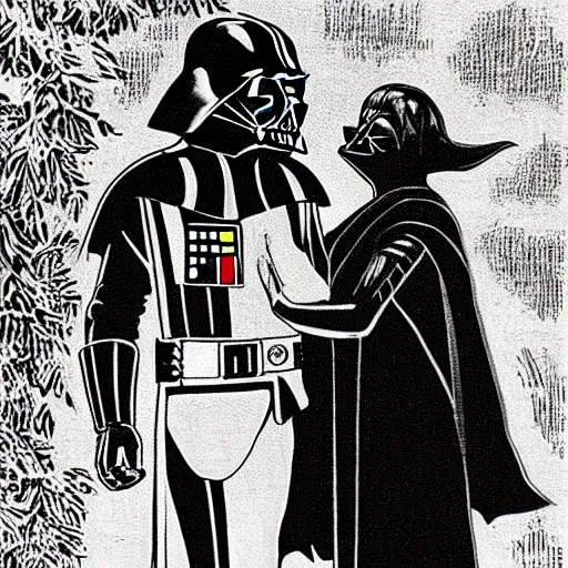 Image similar to a romance novel cover from 1 9 8 3, paperback, drawing, darth vader holding yoda on the cover, romantic