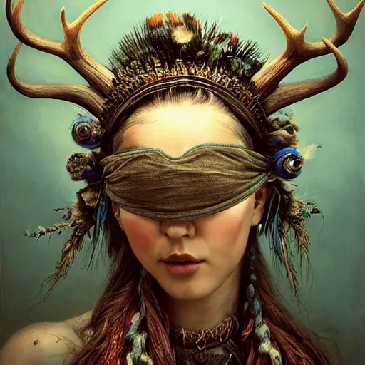 Prompt: A young female shaman, blue hair and antlers on her head. blindfolded, heilung, in the style of Heather Theurer, headshot photoshoot, insanely detailed and intricate, beautiful, elegant, cinematic toplight, portrait, headroom, artstation, made by karol bak, karol bak, karol bak