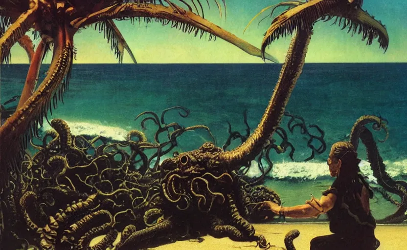 Prompt: cthulhu rising from the ocean by a tropical beach with palm trees. lovecraftian horror. highly detailed science fiction painting by norman rockwell, frank frazetta, and syd mead. rich colors, high contrast, gloomy atmosphere, dark background. trending on artstation