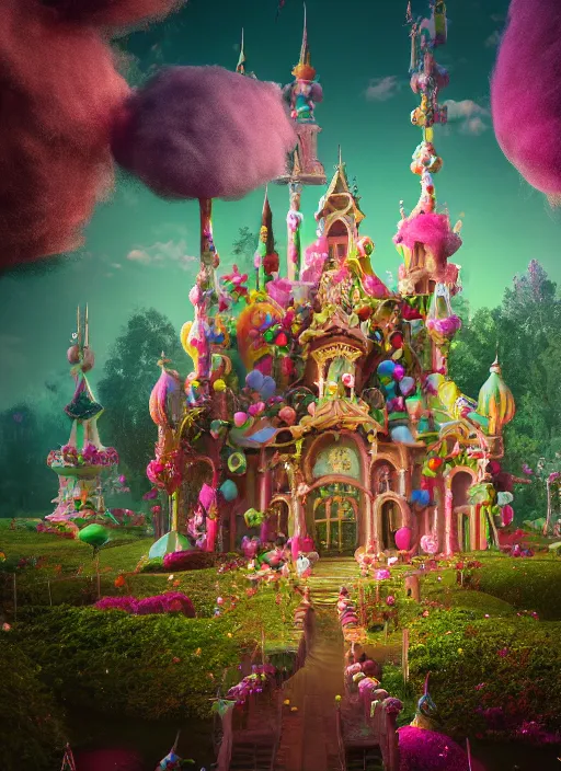 Image similar to Magical enchanted mansion on a candy biome full of oddities made by genshin impact, cotton candy trees, cinematic shot, intricate, ornate, photorealistic, ultra detailed, realistic, 100mm, photography, octane, high definition, depth of field, bokeh, 8k, artstation