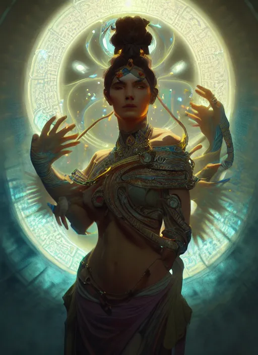 Image similar to Divine cosmic female power, glyphs, magic, artstation, high contrast, dramatic lighting, cgsociety, very detailed, intricate, detailed illustration, by artgerm and greg rutkowski and alphonse mucha, octane render, unreal engine, hyperrealism