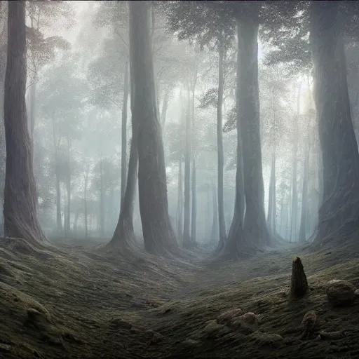 Prompt: highly detailed, intricate stunningly beautiful image of a forest, photorealistic, dusty and smokey, 8k, ethereal, matte painting, stunning atmosphere, morning, beautifully lit by Andrei Riabovitchev and Jacek Szynkarczuk and Zdzisław Beksiński