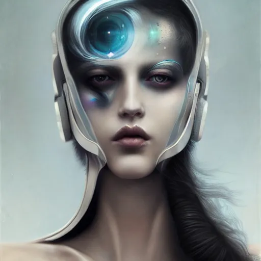 Prompt: By Tom Bagshaw, ultra realist soft painting of an attractive cyberpunk female with sillicon cyborg skin, with thin lustrous long hair floating, photorealistic eyes render, looking at camera, curiosities carnival, symmetry accurate features, very intricate details, focus, dark fantasy background, black and white, curvy