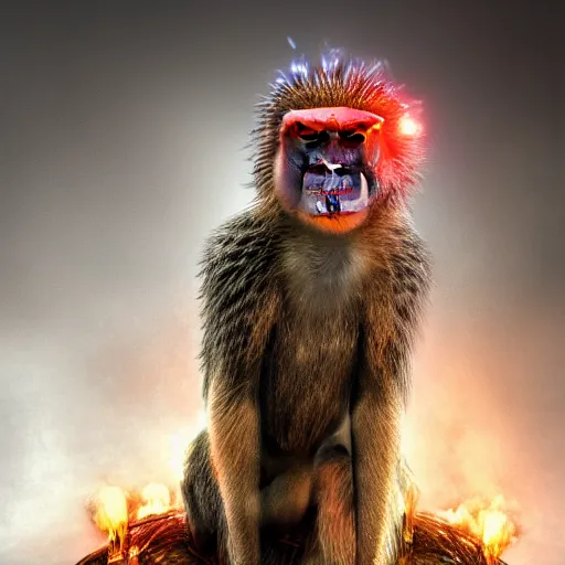 Prompt: Donald Trump as a Baboon , sitting on intricate throne, high tech, cyberpunk, dystopian, jellyfish phoenix dragon, butterfly squid, burning halo, intricate artwork by Guy Denning, very coherent symmetrical artwork, cinematic, hyper realism, high detail, octane render, unreal engine, 8k, Vibrant colors, Smooth gradients, High contrast, depth of field,