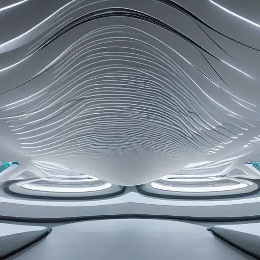 Prompt: stunning beautiful futuristic museum interior by Zaha Hadid, smooth curvilinear dragonfly wings pattern, pastel light gray dark gray, hyper real highly detailed