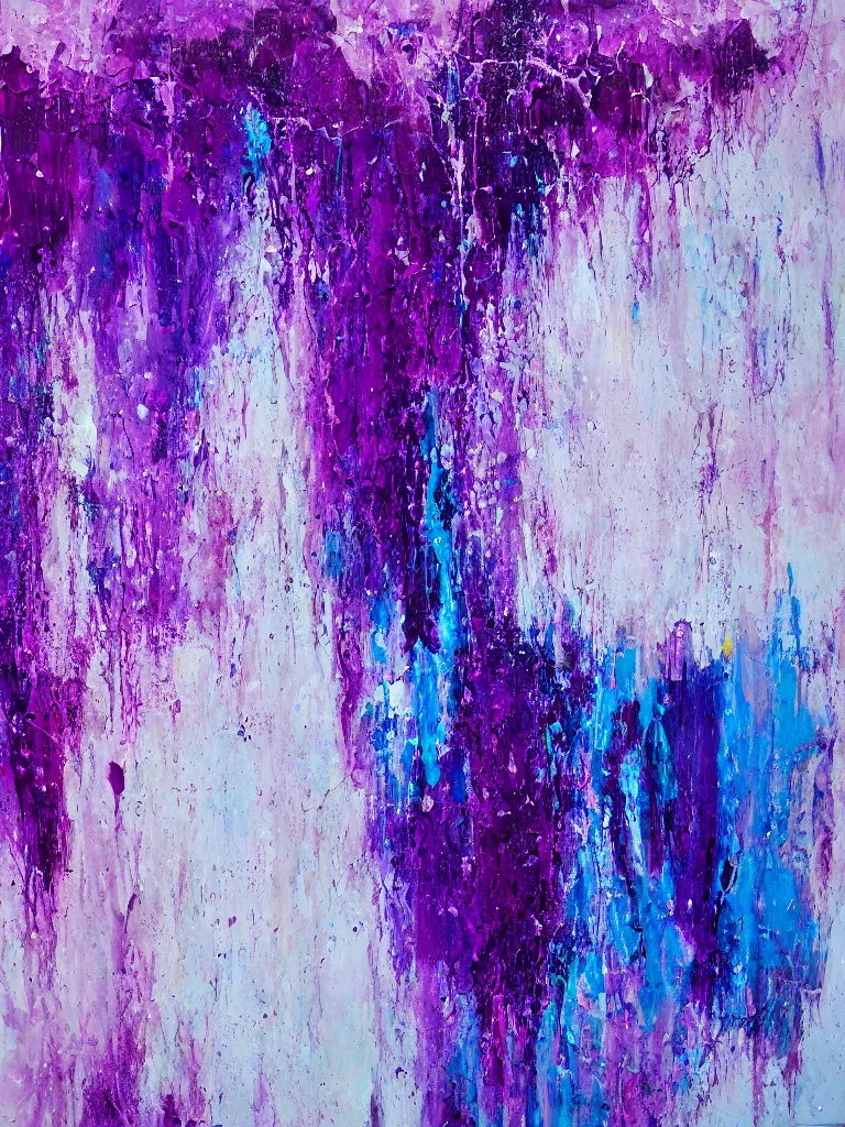 Prompt: abstract multiple layers of purple and blue shades paint dripping and running down a canvas, oil on canvas, detailed