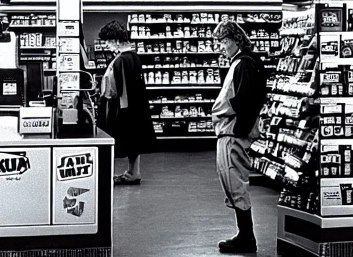 Image similar to film still of Darth Vader working as a clerk in a convenience store in Clerks movie 1994