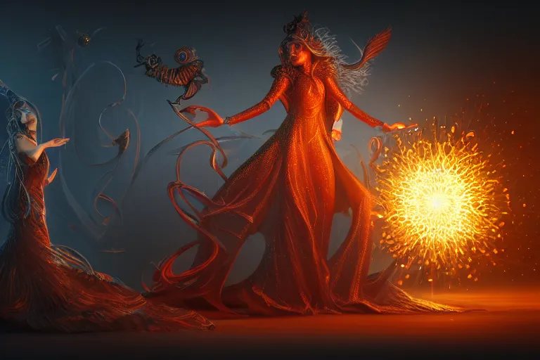 Image similar to Magician, female, fantasy, bangles, explosion, dramatic, intricate, elegant, highly detailed, digital painting, artstation, concept art, smooth, sharp focus, illustration, art by Hieronomous Bosch, octane render