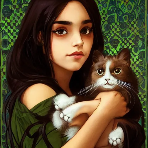 Image similar to cute emo mexican girl and her cat, with long dark hair, thick eyebrows!!! deep dark big shiny eyes and dark circles!, wide nose!!!, oval face shape, big cheeks! by juan villafuerte, greg rutkowski and alphonse mucha, pexels contest winner, high quality photo, rtx, hd