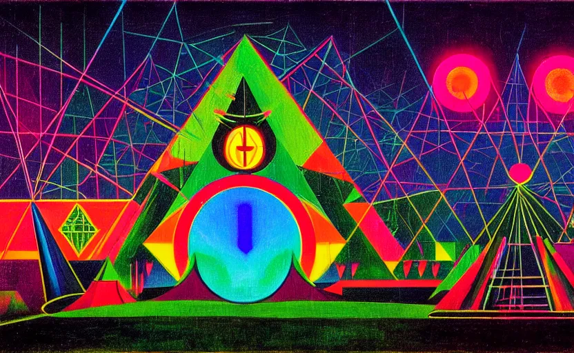 Prompt: geometric neon painting of tomorrowland by hieronymus bosch