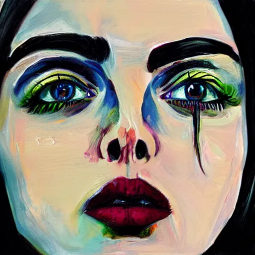 Prompt: billie eilish closeup face, acrylic painting by bill imhoff