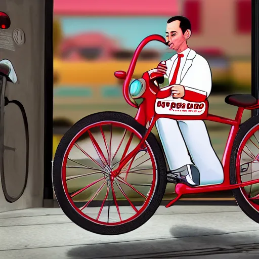 Prompt: Pee-Wee Herman on his bike outside an Adult Movie theater, digital art, hyper realistic, 8k