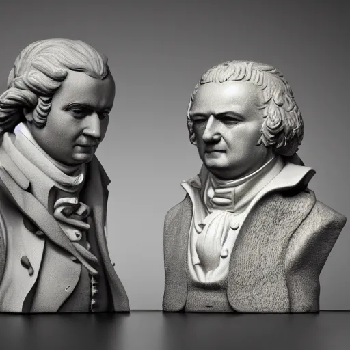 Image similar to mozart and beethoven and bach and liszt all standing next to each other, they're all statues, octane render, 8 k, highly detailed, hyper - realistic.