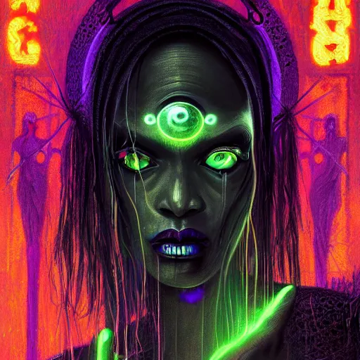 Image similar to a death tarot featuring a haitian voodoo priestess with menacing eyes, blacklight neon colors, by anton semenov and android jones in cyberpunk voodoo style, oil on canvas, 8k