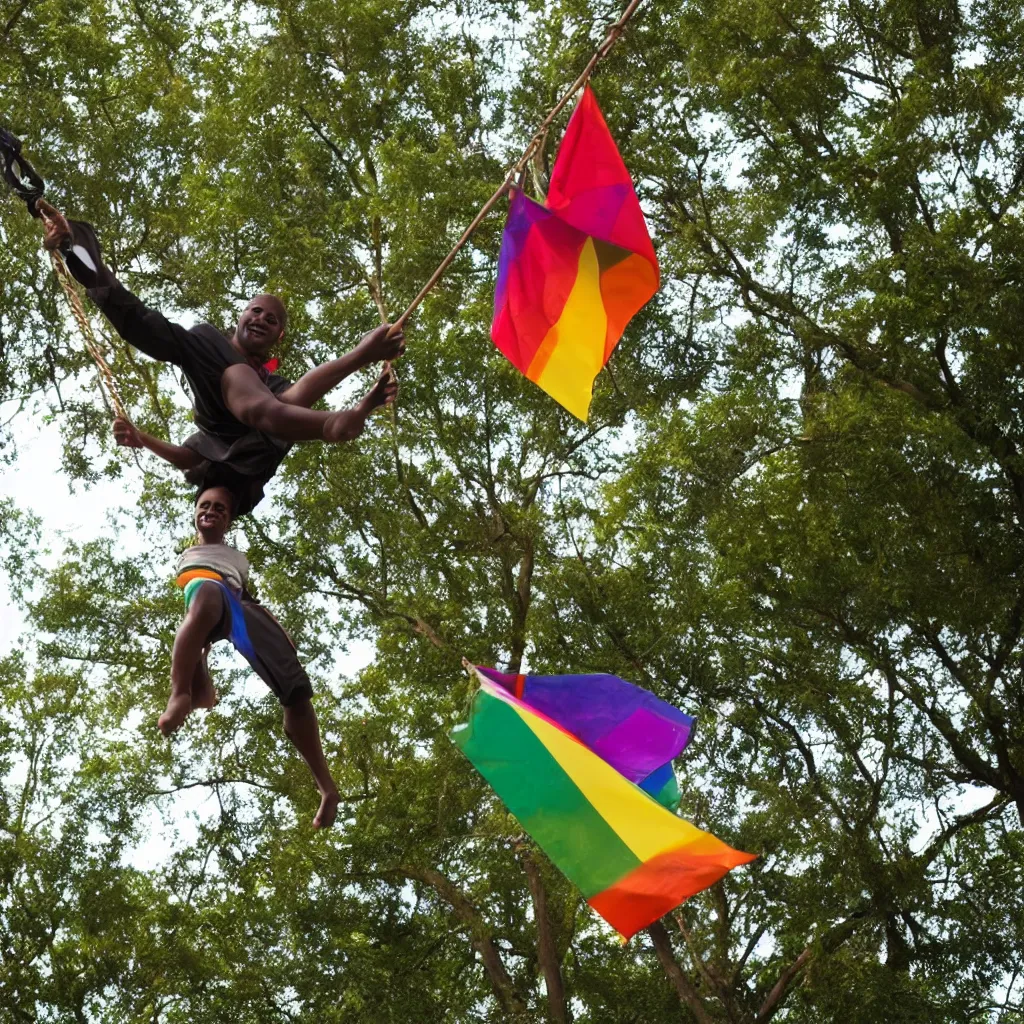 Image similar to black person swinging from the trees waving an lgbt flag