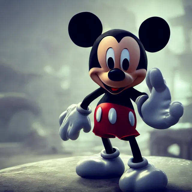 Prompt: ultra realistic mickey mouse wearing heavy armour, dark cinematic, volumetric, realistic, 3 d render, realistic render, cinematic lighting, volumetric lighting, atmospheric, cinematic, unreal engine 5, unreal engine render, octane render, hd, photorealism, hyper realistic, photo, 8 k