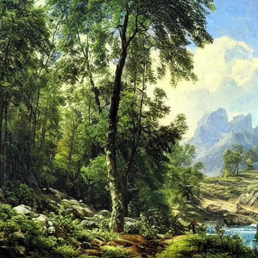 Image similar to painting of a lush natural scene on an alien planet by ivan shishkin. beautiful landscape. weird vegetation. cliffs and water.