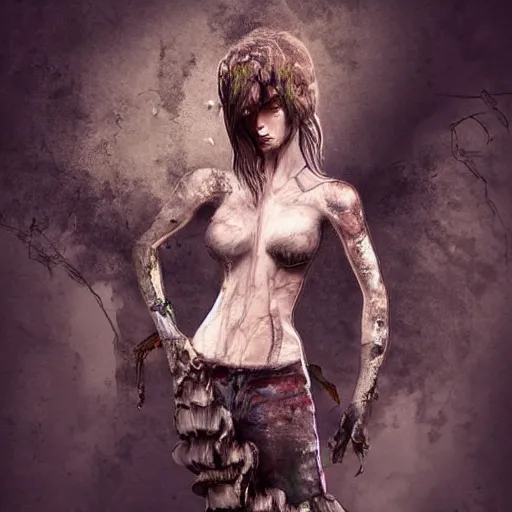 Image similar to detailed half body digital art for a game of a beautiful woman wearing ragged and ruined clothes merged with mushrooms. the background is dark. dramatic camera angle