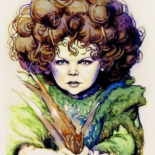 Image similar to a realistic and atmospheric watercolour fantasy character concept art portrait of shirley temple as a druidic warrior wizard looking at the camera with an intelligent gaze by rebecca guay, michael kaluta, charles vess and jean moebius giraud