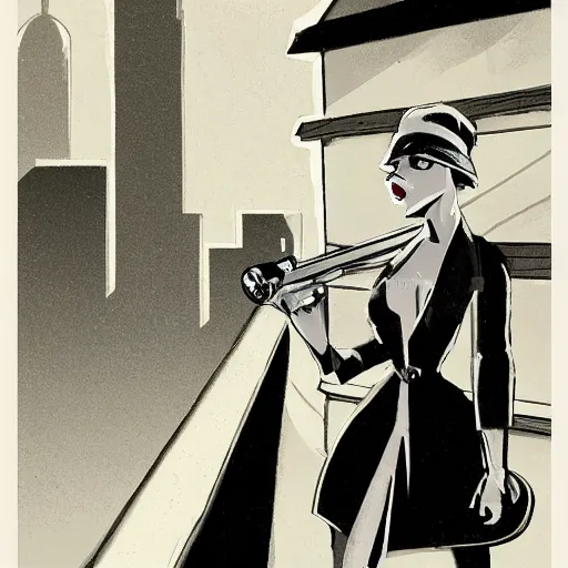 Image similar to concept art 1930's noir style female detective on rooftop above city smoking cigarette