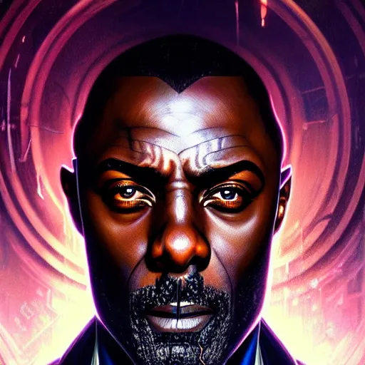 Image similar to portrait painting of a cyberpunk corporate boss elven idris elba, ultra realistic, concept art, intricate details, eerie, highly detailed, photorealistic, octane render, 8 k, unreal engine. art by artgerm and greg rutkowski and charlie bowater and magali villeneuve and alphonse mucha