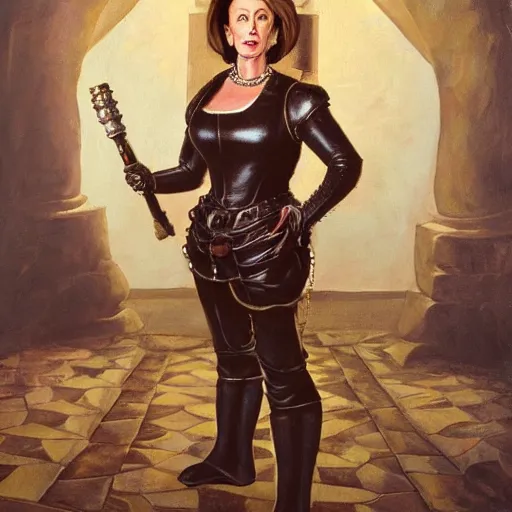 Image similar to painting of nancy pelosi standing in front of 1 6 th century backdrop. she looks like vigo the carpathian wearing armor. patina on armor. she ominously stares forward. hand on hip, arm resting on large stone. sepia toned. dramatic lighting. painting by lou police for ghostbusters 2.