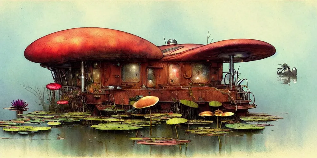 Prompt: adventurer ( ( ( ( ( 1 9 5 0 s retro future robot mouse house boat home. muted colors. swamp mushrooms. water lilies ) ) ) ) ) by jean baptiste monge!!!!!!!!!!!!!!!!!!!!!!!!! chrome red